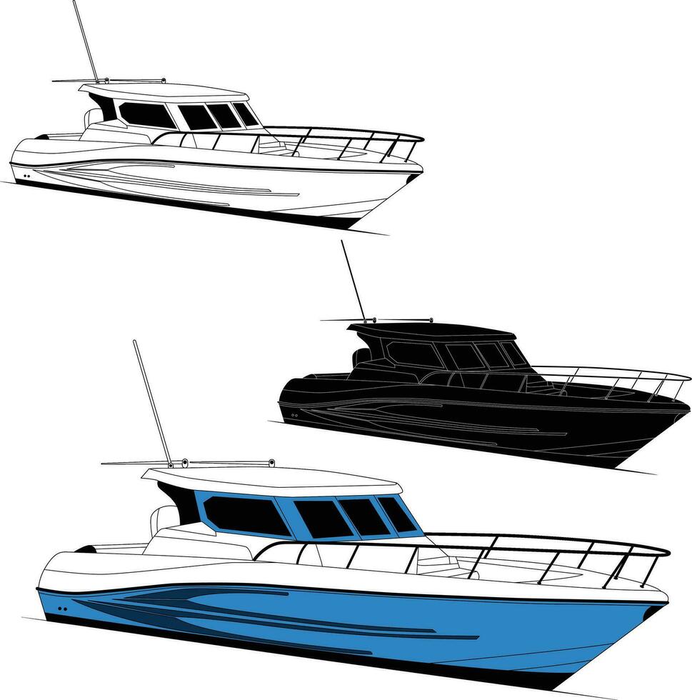 Boat vector, Fishing boat vector line art illustration and one color.