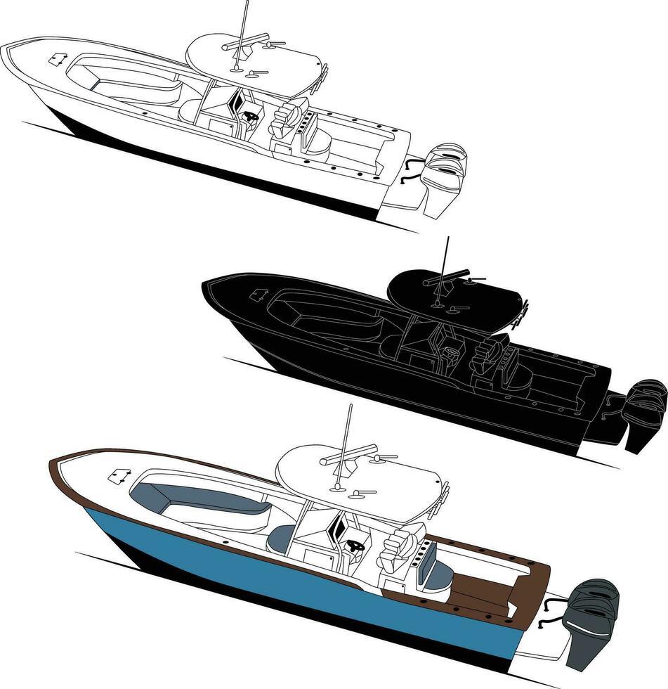 Boat Vector, line art and color image of side view fishing boat on a white background. vector