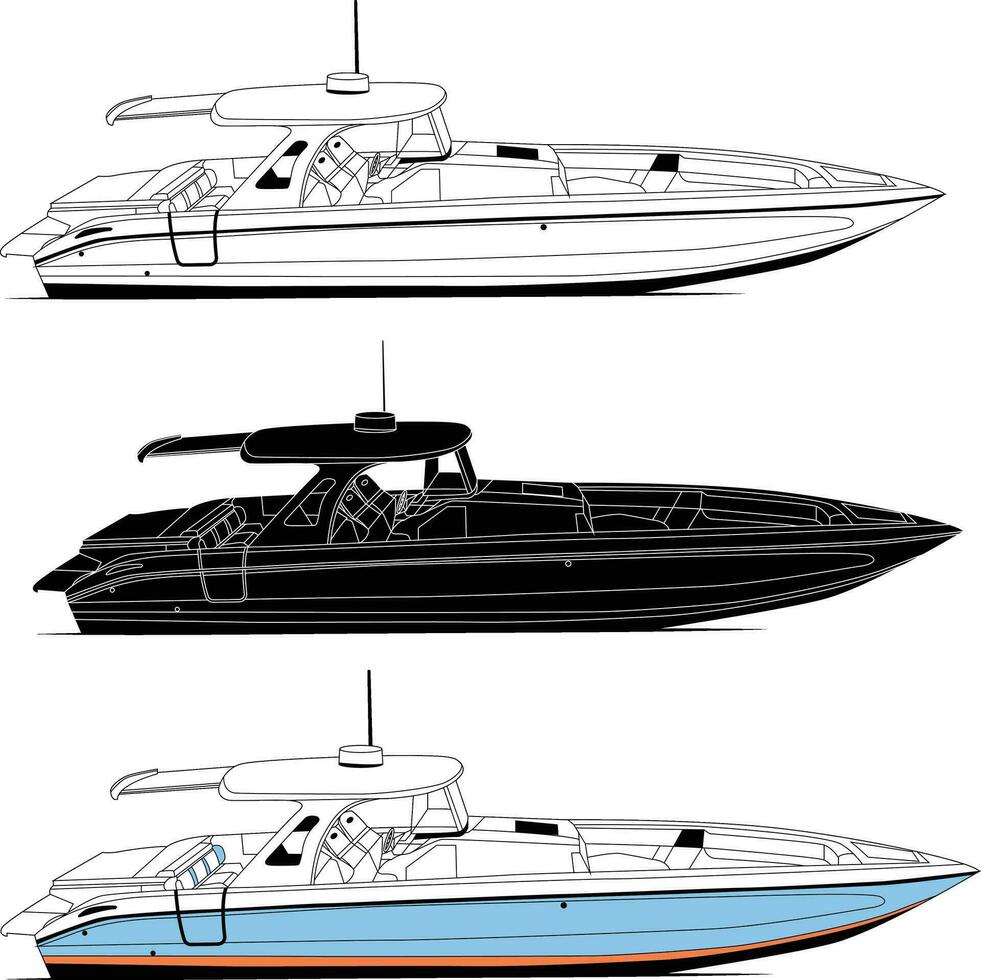 Boat Vector, line art and color image of side view fishing boat on a white background. vector