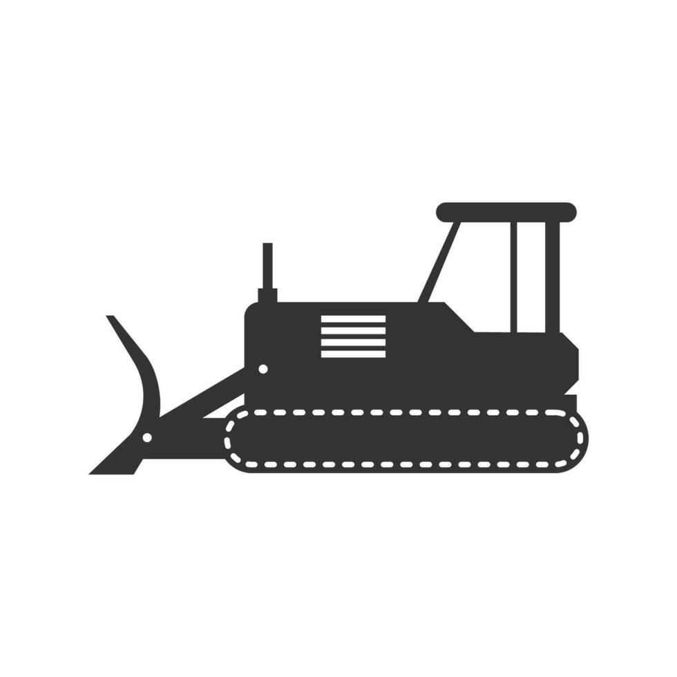 Vector illustration of bulldozer icon in dark color and white background