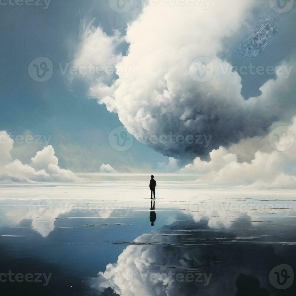 a man standing on the beach looking at the sky Ai generative photo