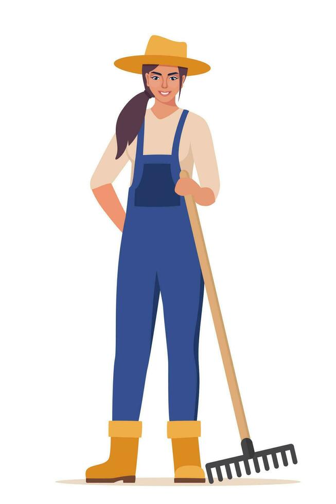 granjera sosteniendo un rastrillo en la mano. trabajo agrícola, jardinería. trabajador agrícola con herramienta de jardín. mujer jardinera, agrónoma. ilustración vectorial vector