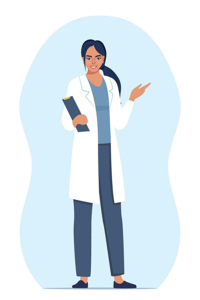Doctor in medical uniform pointing and showing something with hand. Medicine worker woman explaining and presenting something. Vector flat illustration.