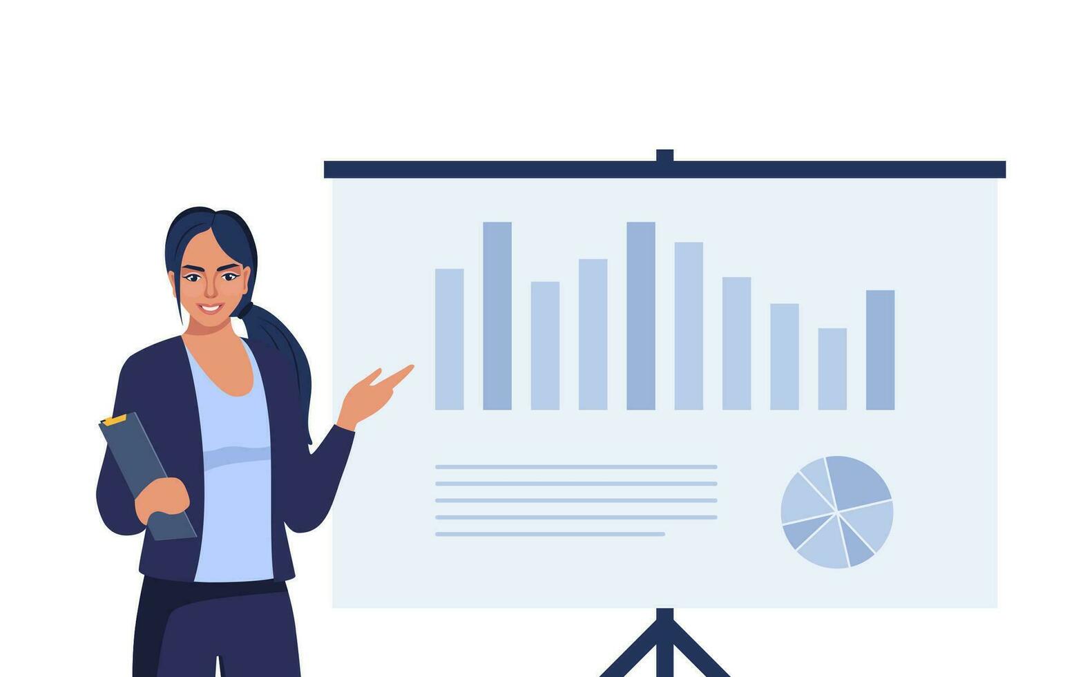 Female speaker pointing at presentation on white board during business seminar. Office worker showing report at whiteboard with pointer. Vector illustration.