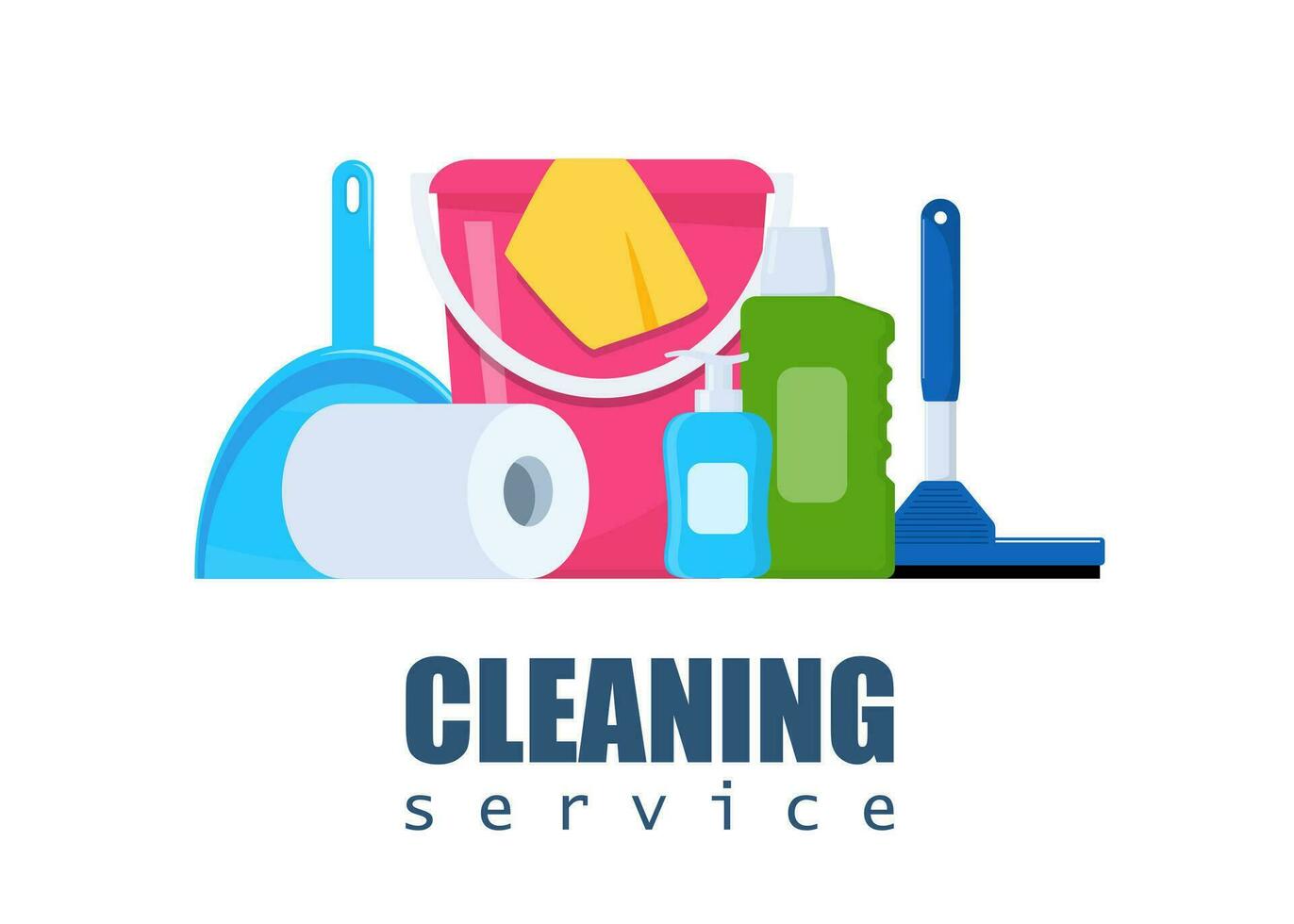 Cleaning service and household supplies. Design concept for web banner, infographic, poster. Detergent and disinfectant products with bucket, mop, detergent. Vector illustration.