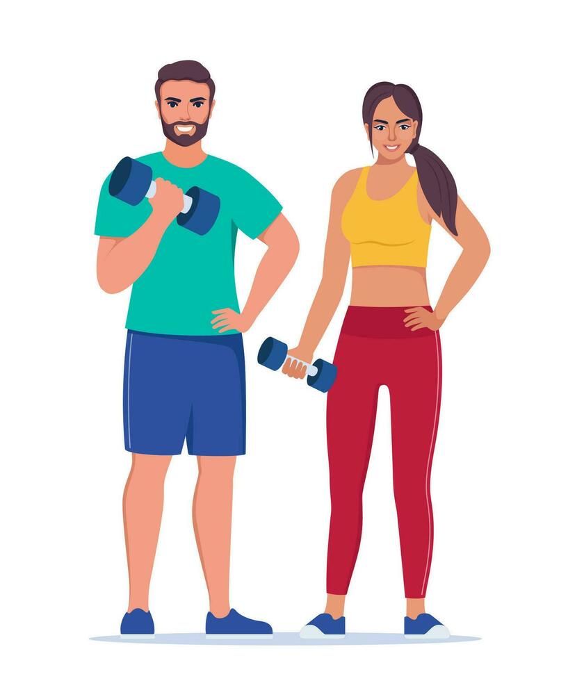 Fitness couple. Man and woman dressed in sportswear are doing exercises with dumbbells. Vector illustration.