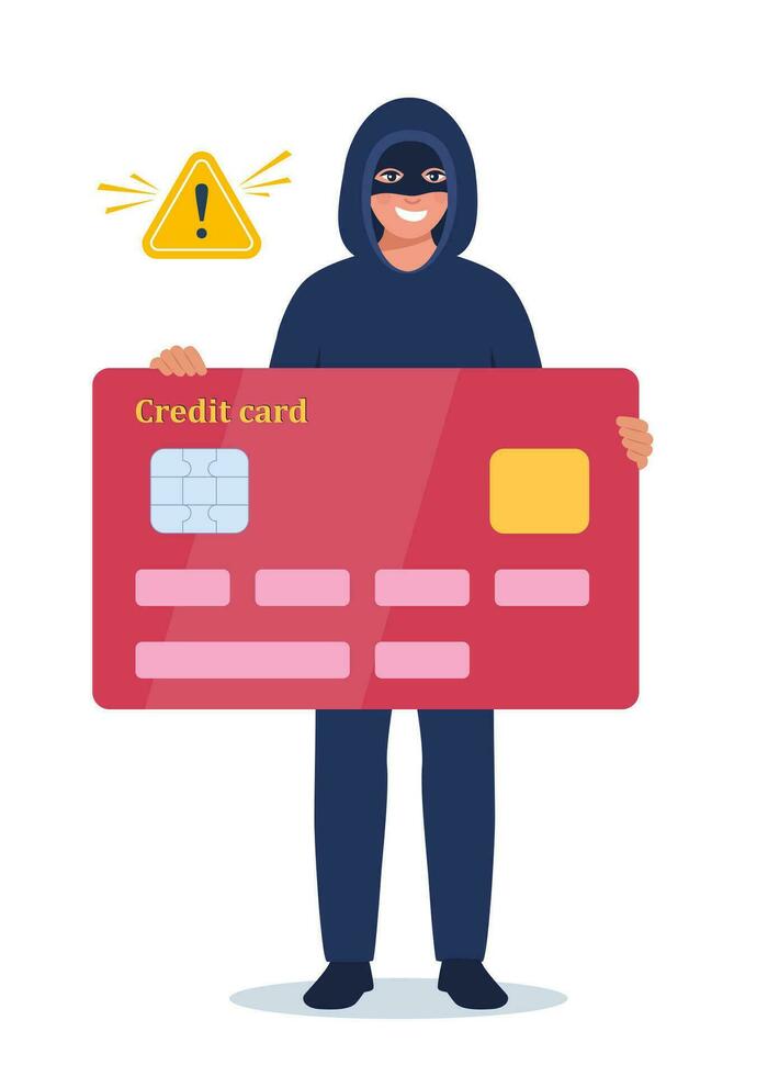 Man Criminal in Mask Holding Credit Card Committing Crime. Computer fraud or online data thief. Vector Illustration.