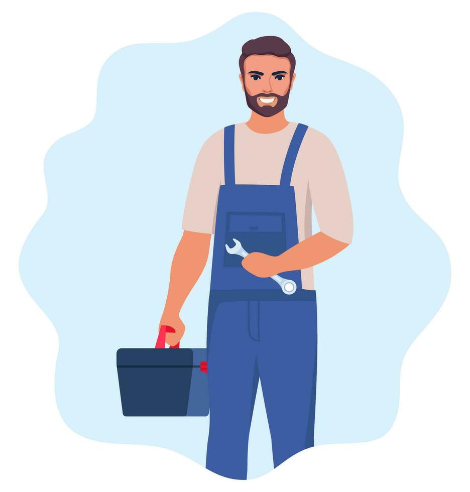 reparador o mecánico con un caja de herramientas. hombre personaje en uniforme con llave inglesa en su mano. vector ilustración.