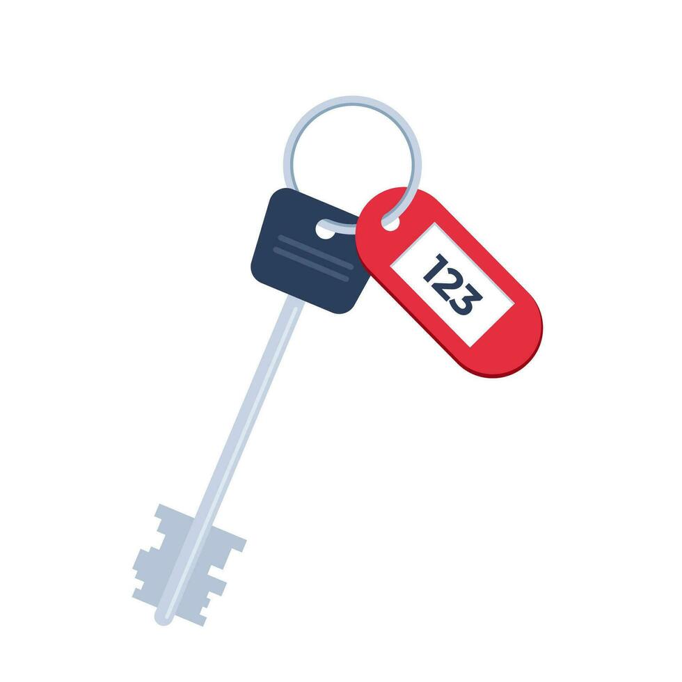 Modern hotel door lock key with room number badge. Vector illustration in flat design.