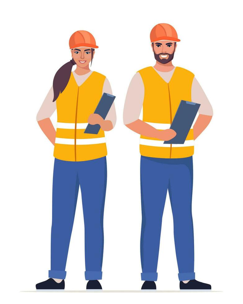 ingeniero hombre y mujer. trabajadores de la construcción en uniforme y casco protector naranja, sujetando portapapeles con lista de verificación. jefe de obra. ilustración vectorial vector