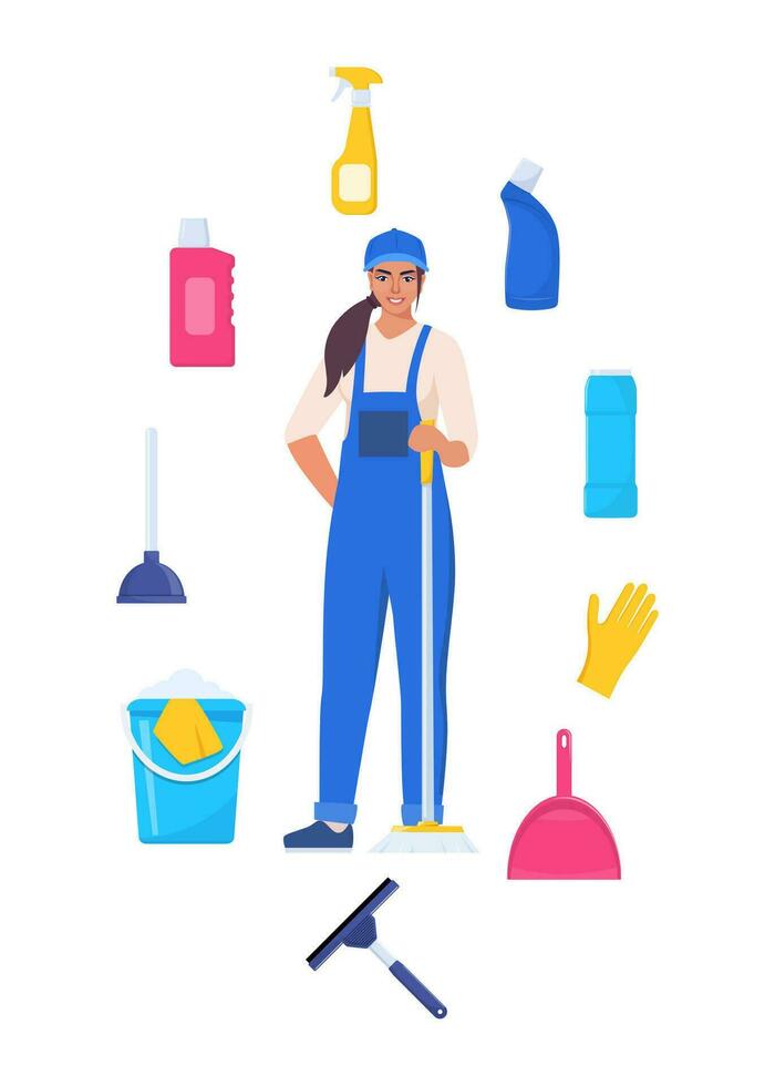 mujer vestido en uniforme con fregar. trabajador de limpieza servicio. limpieza herramientas y detergente. balde, cucharón, cepillar, Lavado polvo, botella de rociar, esponja, vaso raspador, caucho guantes. vector. vector