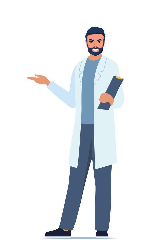 médico con uniforme médico señalando y mostrando algo con la mano. hombre trabajador de medicina explicando y presentando algo. ilustración plana vectorial. vector