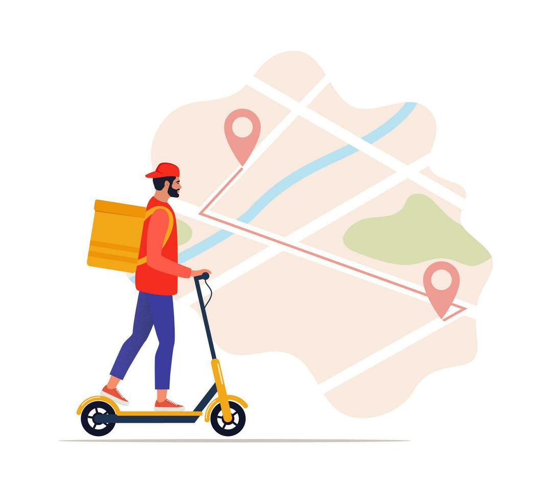 Delivery service concept, food delivery. Man courier riding electric scooter with yellow package product box. Map with red pins, Vector illustration.