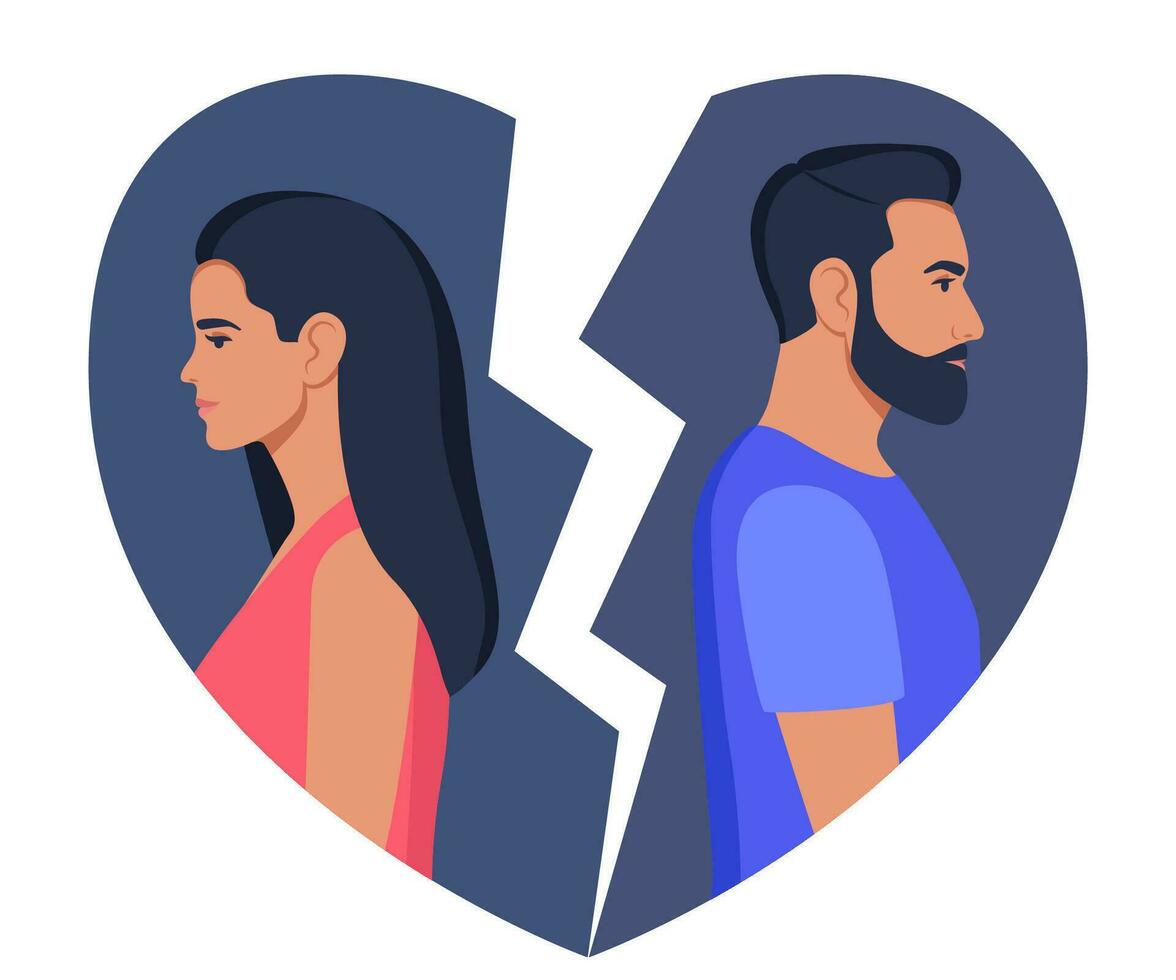 el hombre y la mujer se paran de espaldas, con el corazón roto en el fondo. concepto de divorcio, malentendidos, desacuerdos, problemas de relación. hombre y mujer en una pelea, conflicto. vector. vector