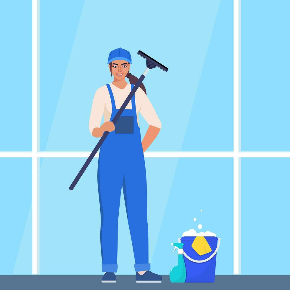 mujer en azul y amarillo uniforme limpieza ventana con vaso raspador y Lavado rociar. limpieza interna servicio, oficina limpieza servicio, primavera limpieza deber. vector ilustración.