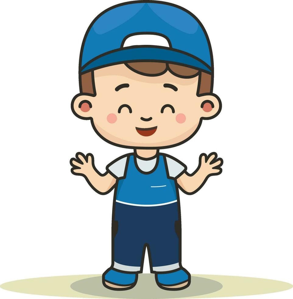 Cute kawaii cartoon boy wearing hat and apron in chibi mascot vector style