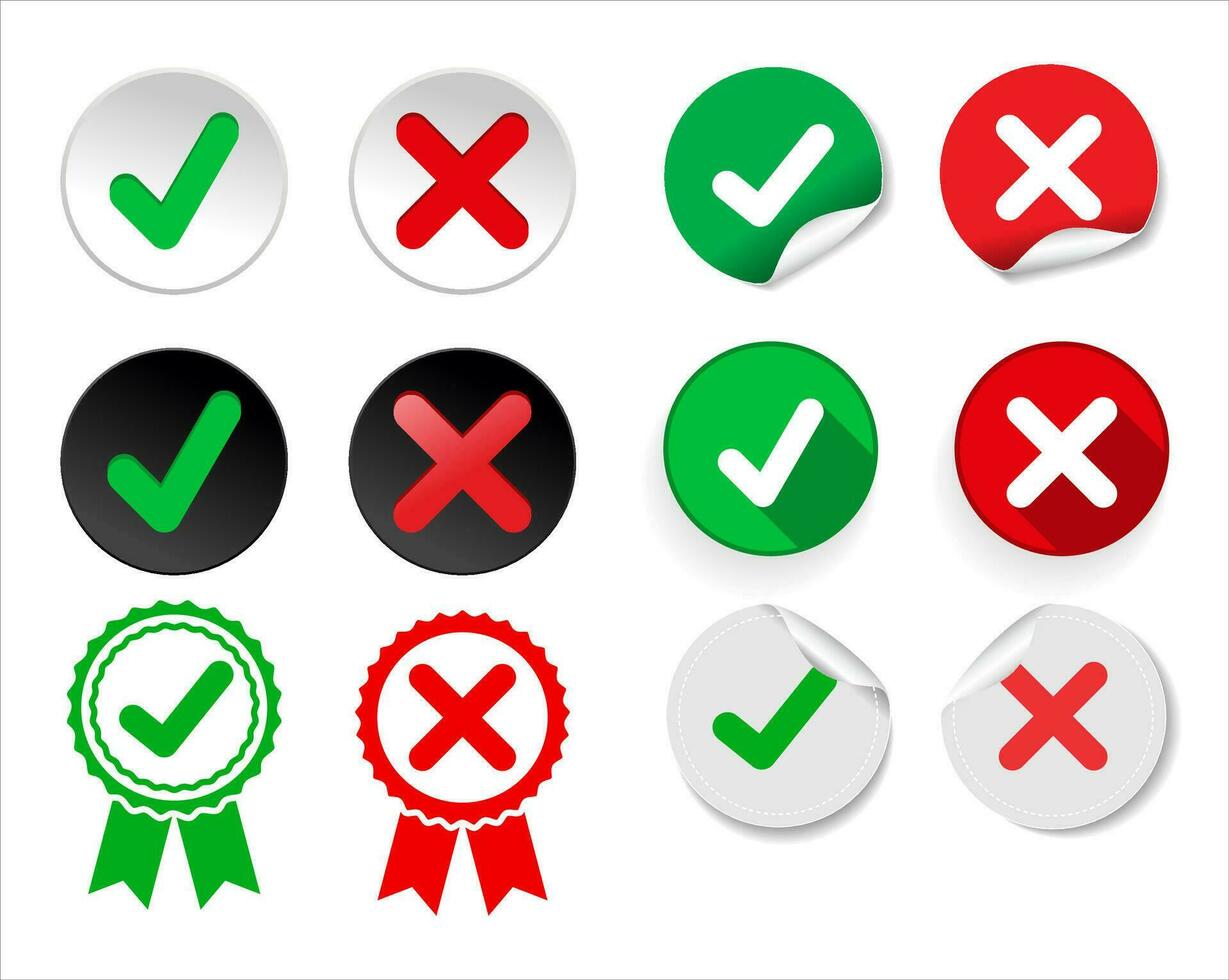 Green check mark icon and red cross mark simple dark icons collection vector