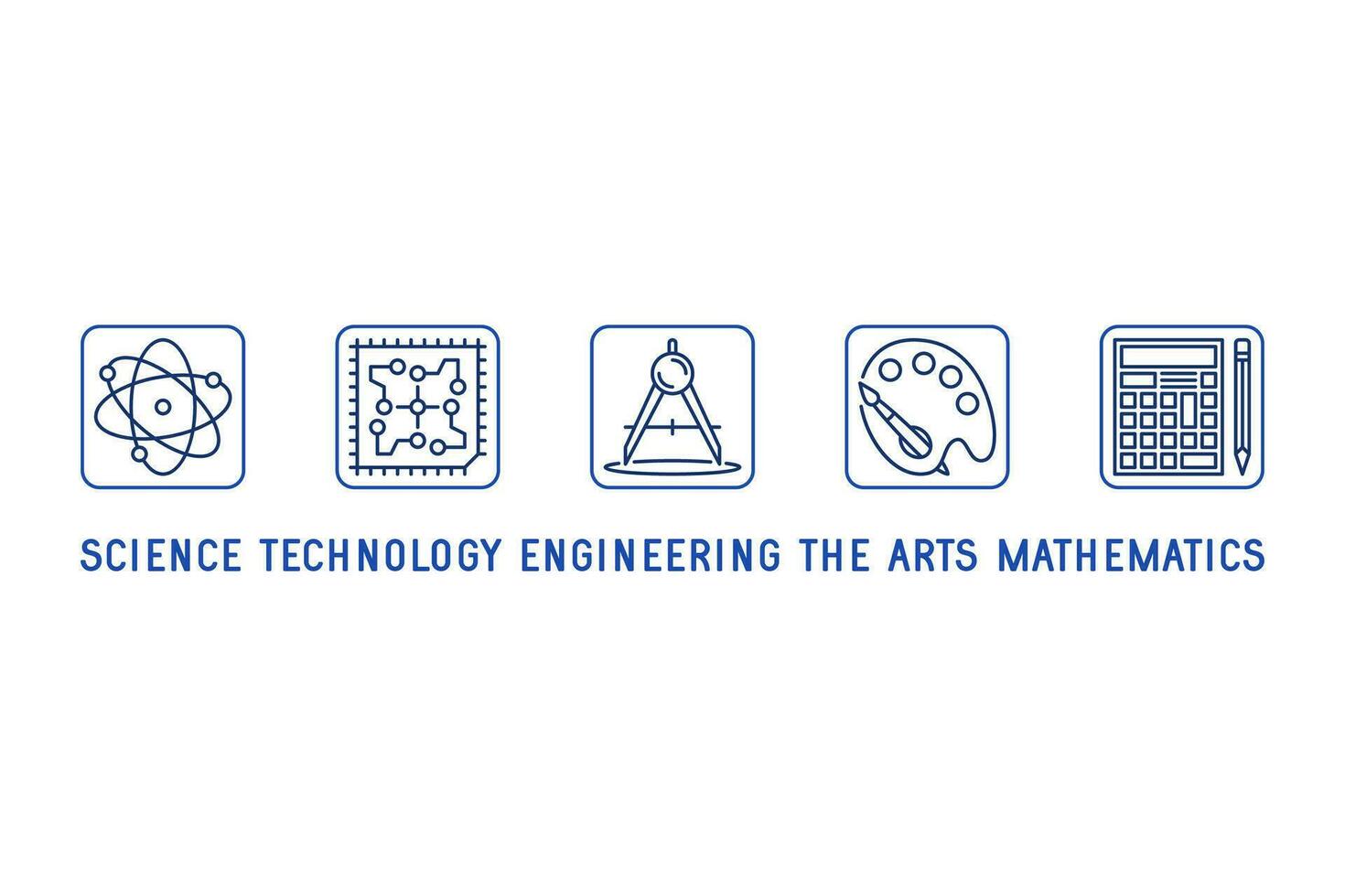 STEAM minimal thin line blue horizontal banner. Atom, Processor, Compasses, Palette and Calculator linear illustration vector
