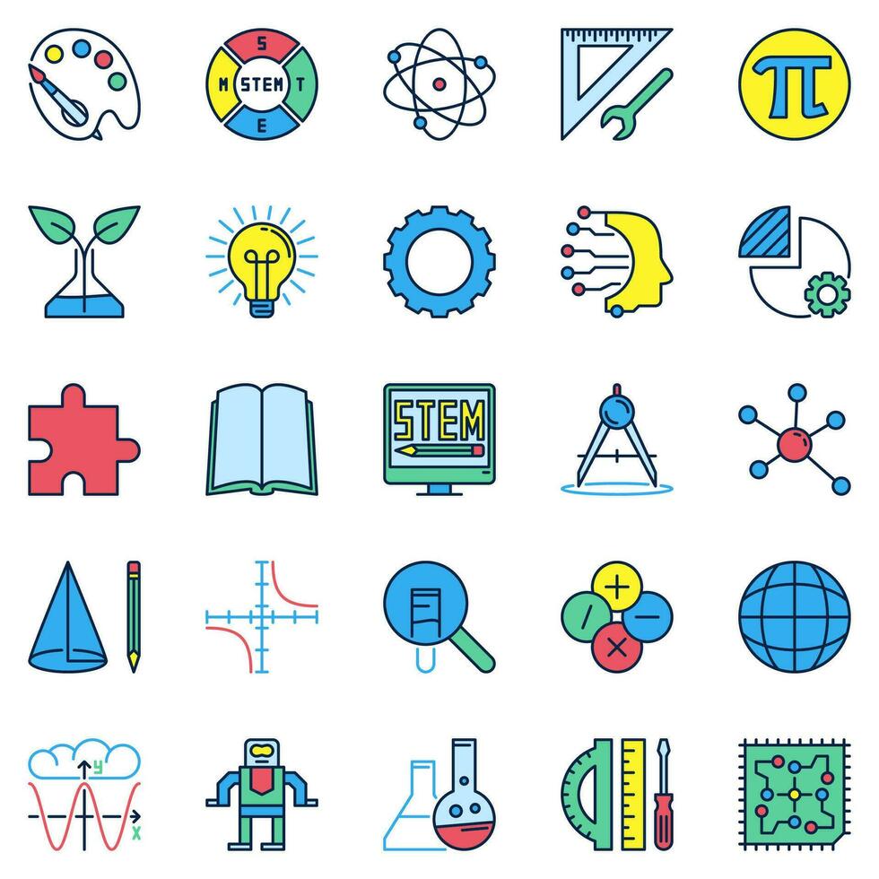 STEAM Education icons set - Science, Tech, Engineering, Art and Math colored signs set vector