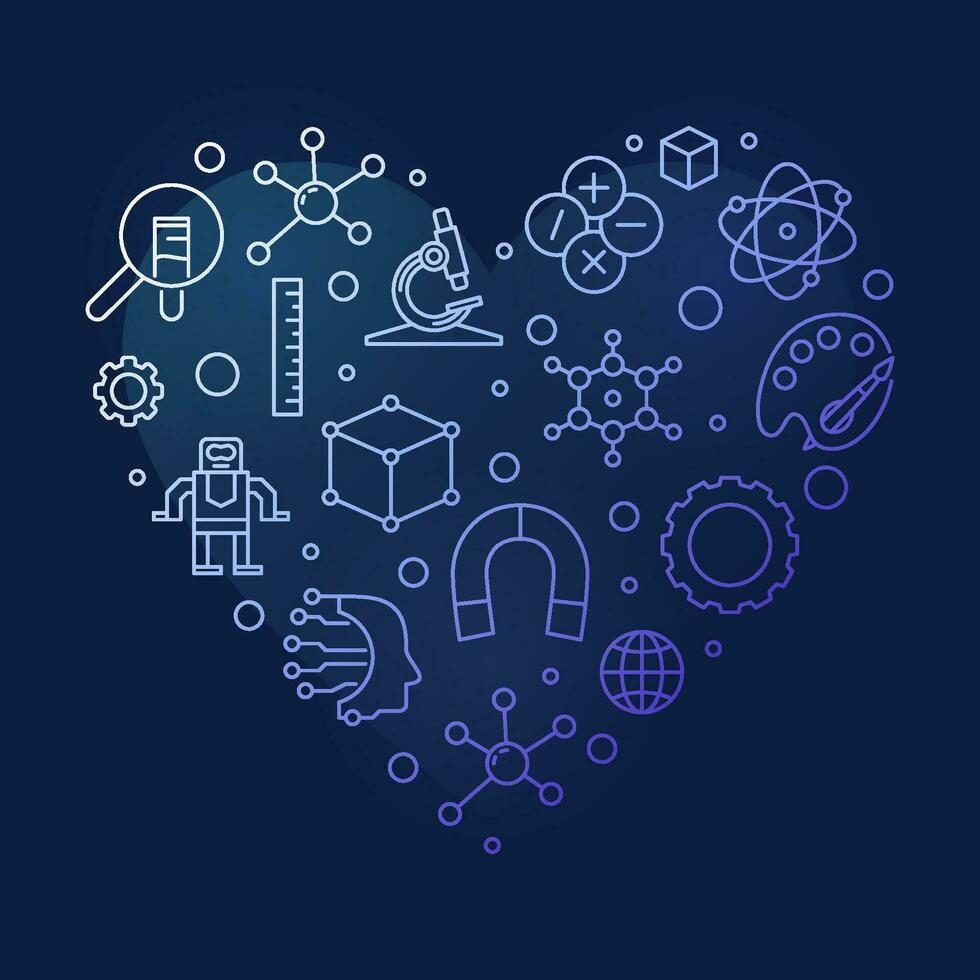 I Love STEAM heart shaped blue modern outline banner - Science concept creative illustration vector