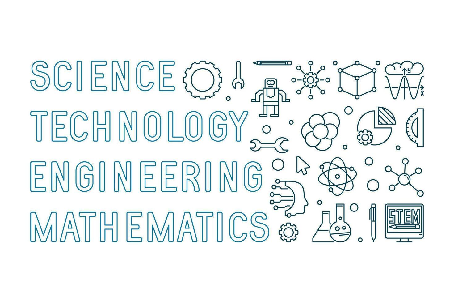 Science, Technology, Engineering, Mathematics - STEM concept outline blue horizontal banner vector