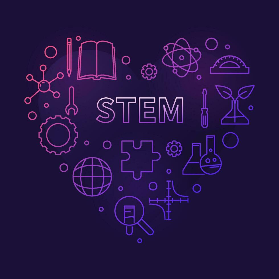 STEM Science Heart line concept banner. Science, Technology, Engineering and Math vector outline colored Illustration