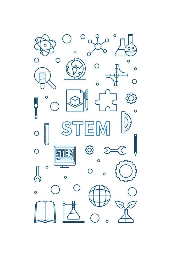 STEM minimal thin line vertical banner - Science concept linear blue illustration vector