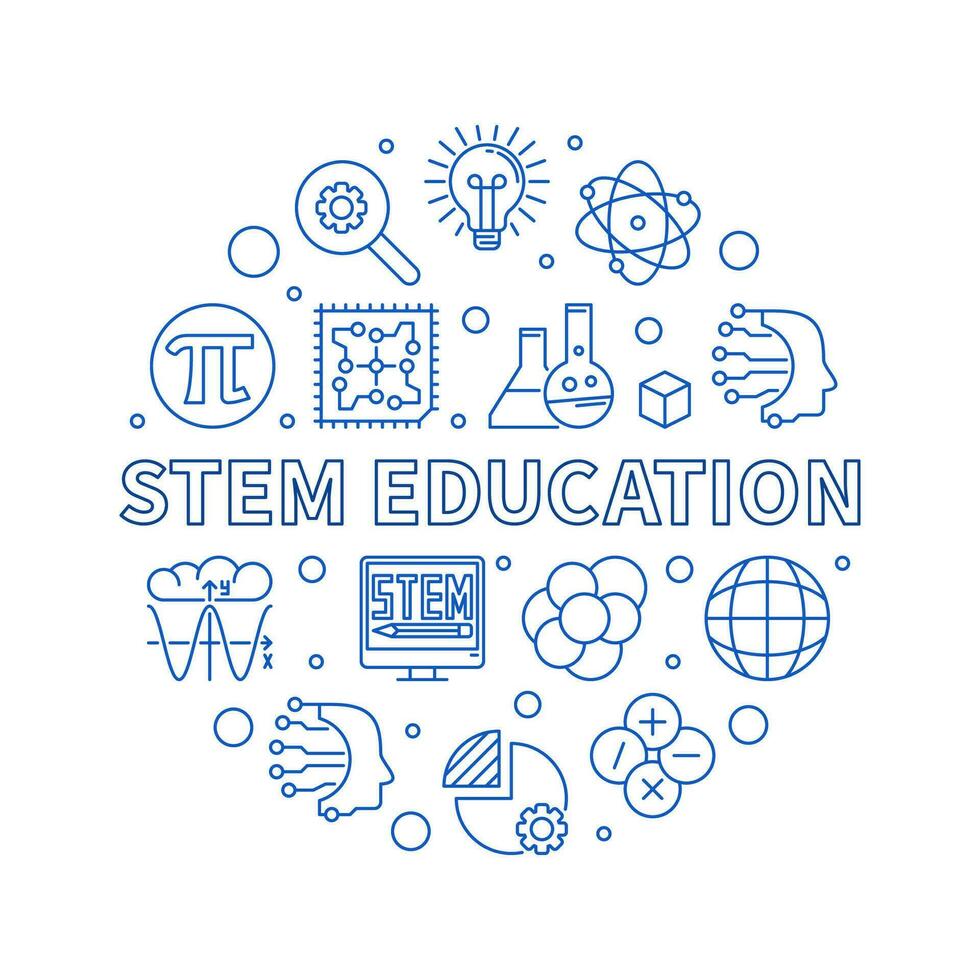STEM Education round minimal vector blue line illustration. Science banner
