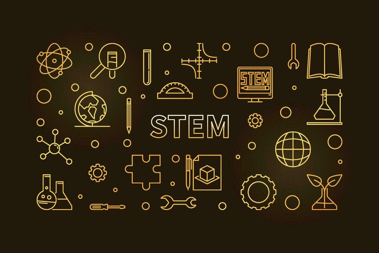 STEM Science line concept golden horizontal banner. Science, Technology, Engineering and Math vector linear colored Illustration