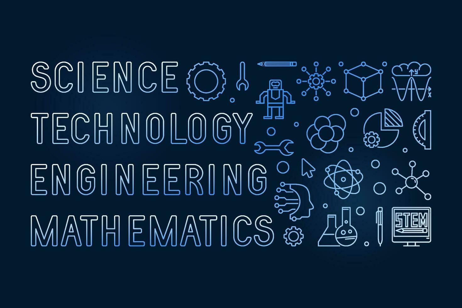 Science, Technology, Engineering, Mathematics - STEM concept thin line horizontal blue banner vector