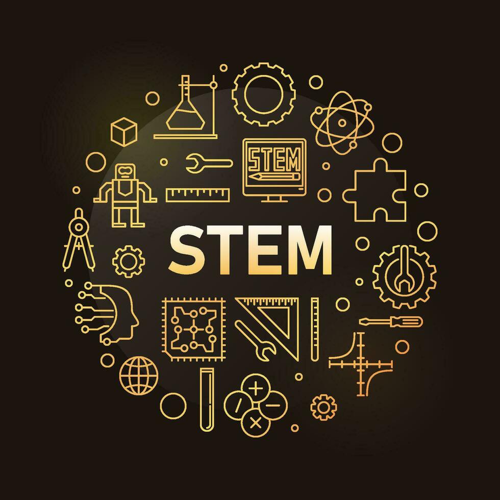 STEM round minimal vector line golden illustration. Science circular banner