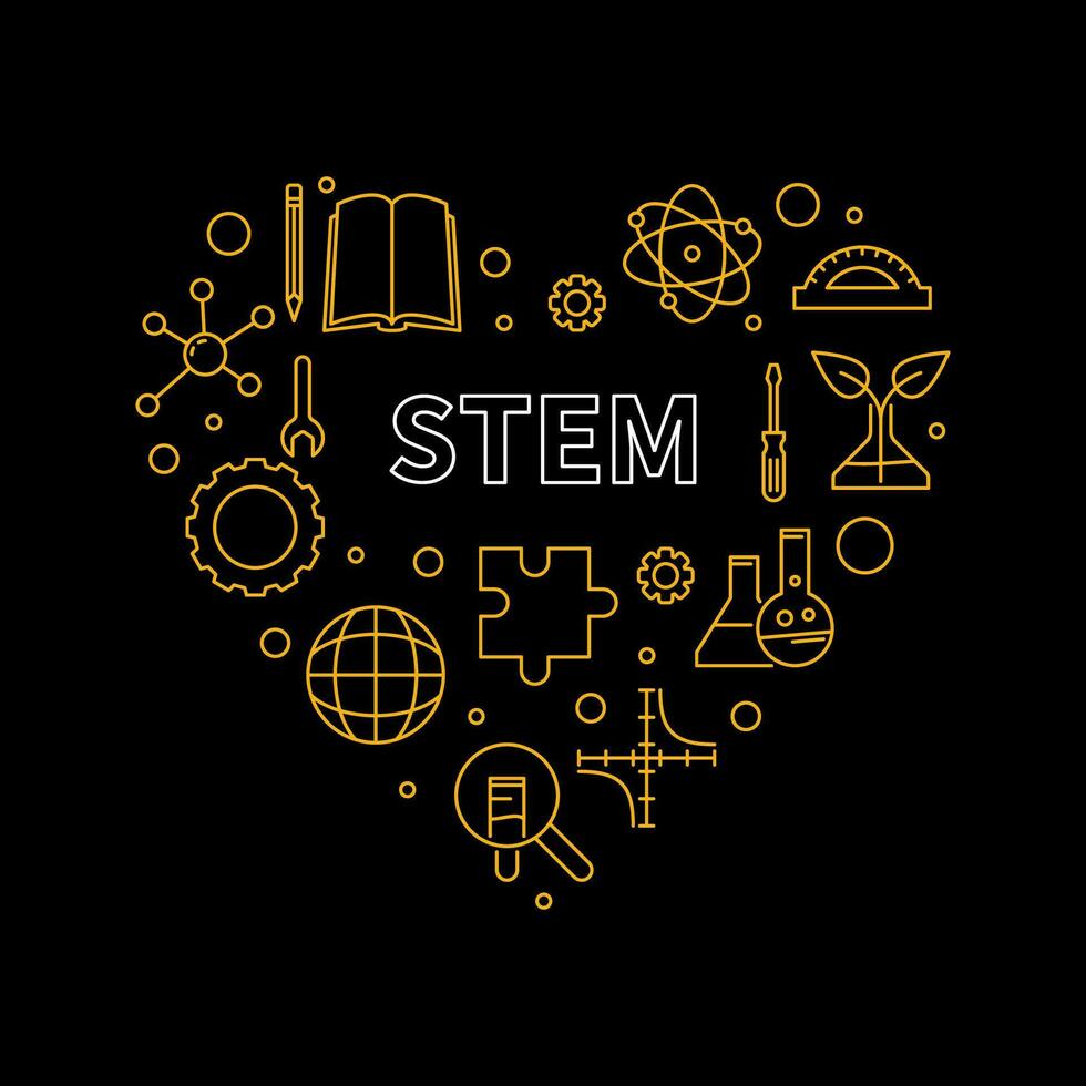 STEM Science Heart outline concept banner. Science, Technology, Engineering and Math vector yellow Illustration