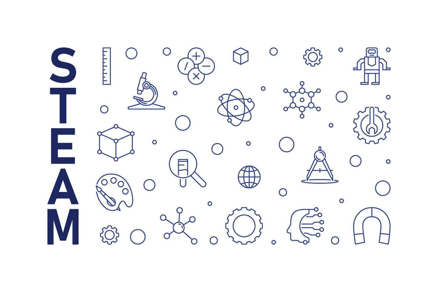 STEAM minimal line blue horizontal banner. Science concept linear illustration vector