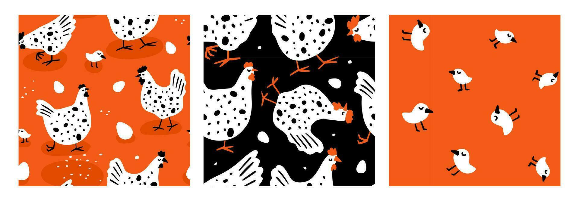 A set of seamless patterns of chickens, chickens, eggs. Children's design for fabric, paper, packaging, clothing vector