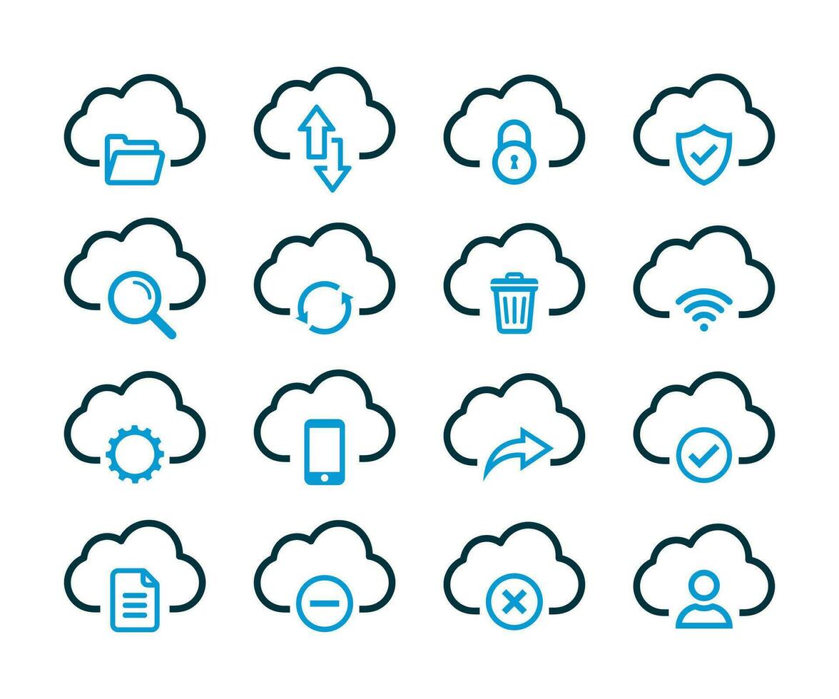 Simple Set of Computer Cloud Related and Cloud Hosting related Vector Line Icons. Cloud storage and Network Vector icon set.