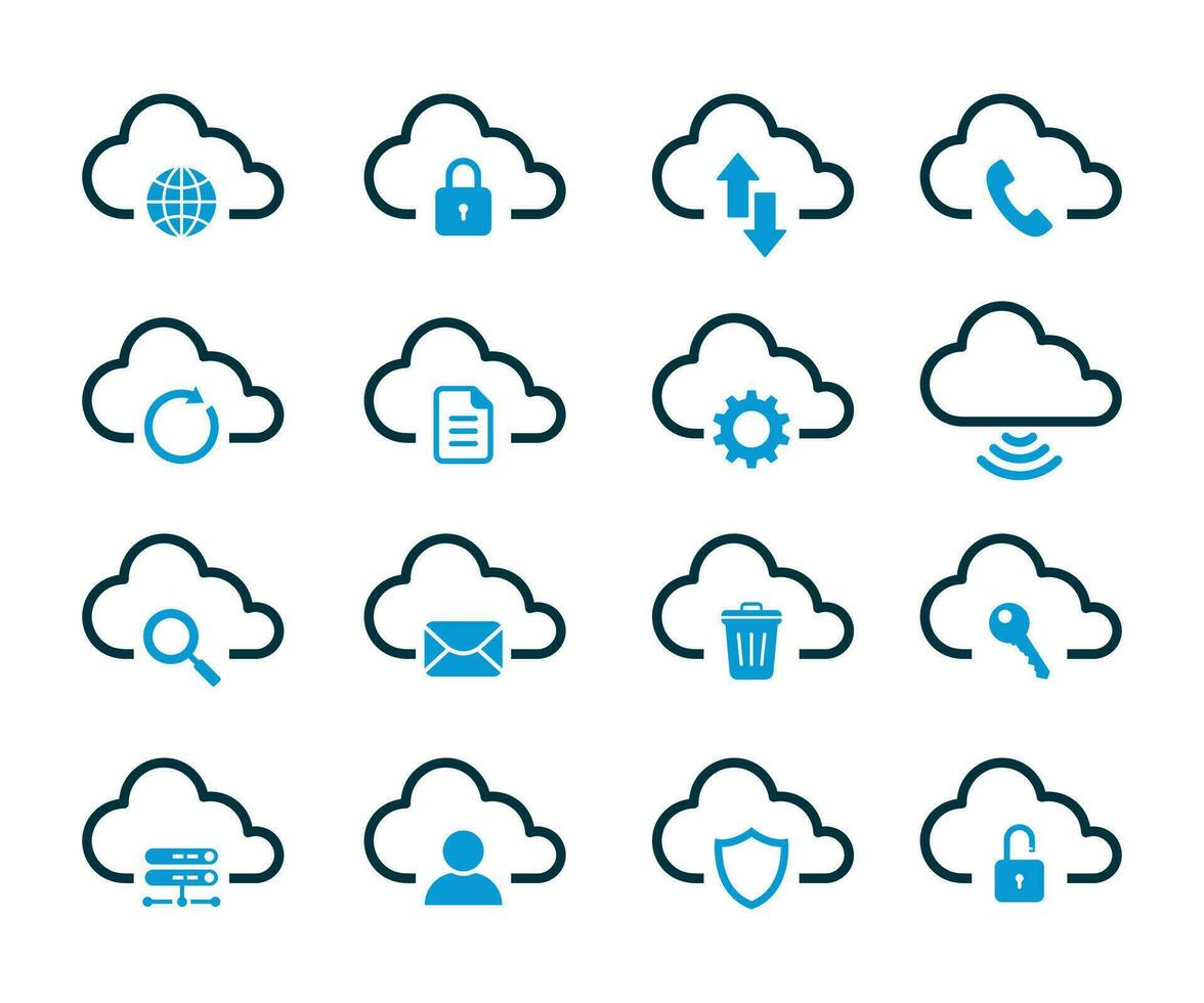 Cloud computing icon set. Contains such Icons as Data Synchronisation, Transfer, Cloud Settings, and more. vector