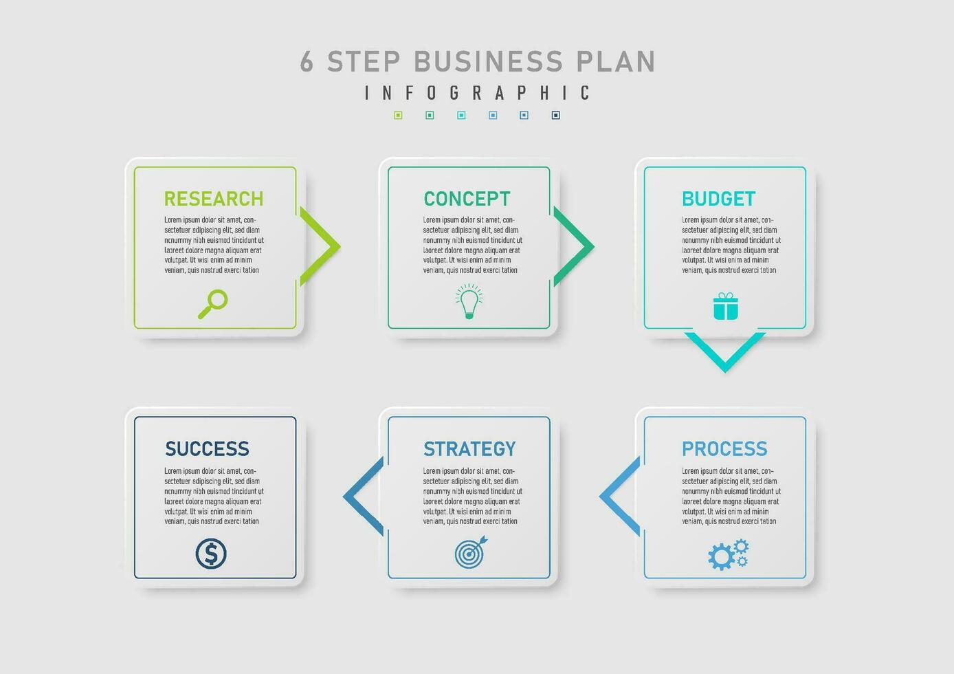 6 step business planning infographic A gray square with a colored outline with a navigation arrow. In the center there are letters and icons. gray gradient background design for product, marketing vector