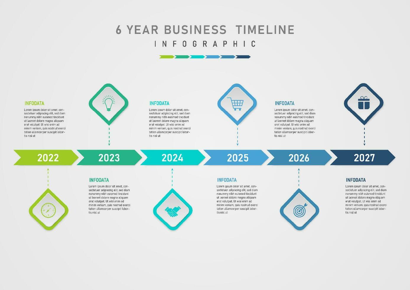 simple infographic template business timeline 6 years multi colored arrows with numbers in the center acute angled squares icons in the center and letters on the sides gray gradient background vector