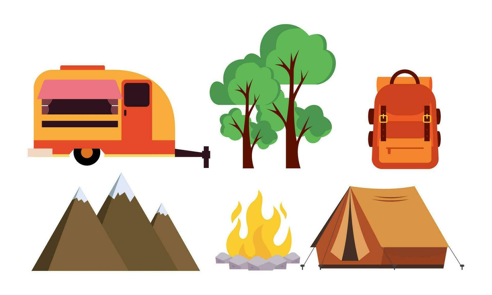 dibujos animados cámping y excursionismo equipo tienda y bosque naturaleza acampar logo vector