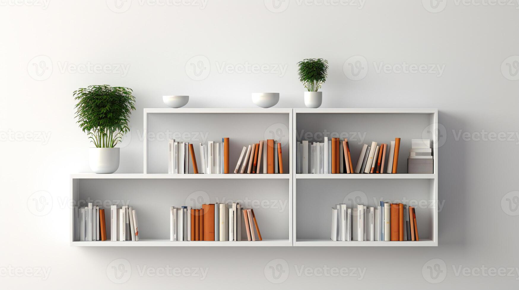 A book shelf with books on the shelves and a plant on the shelf A framed art print hangs on a white wall above a couch photo