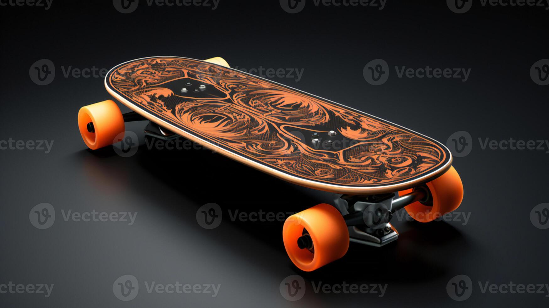 a skateboard is shown on a gray surface photo