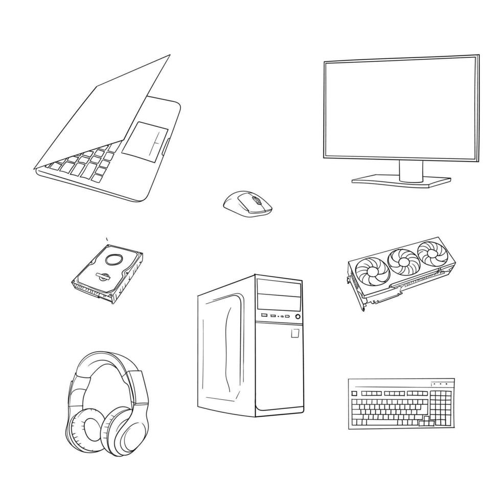 Set of computer part design in hand drawn design for computer day