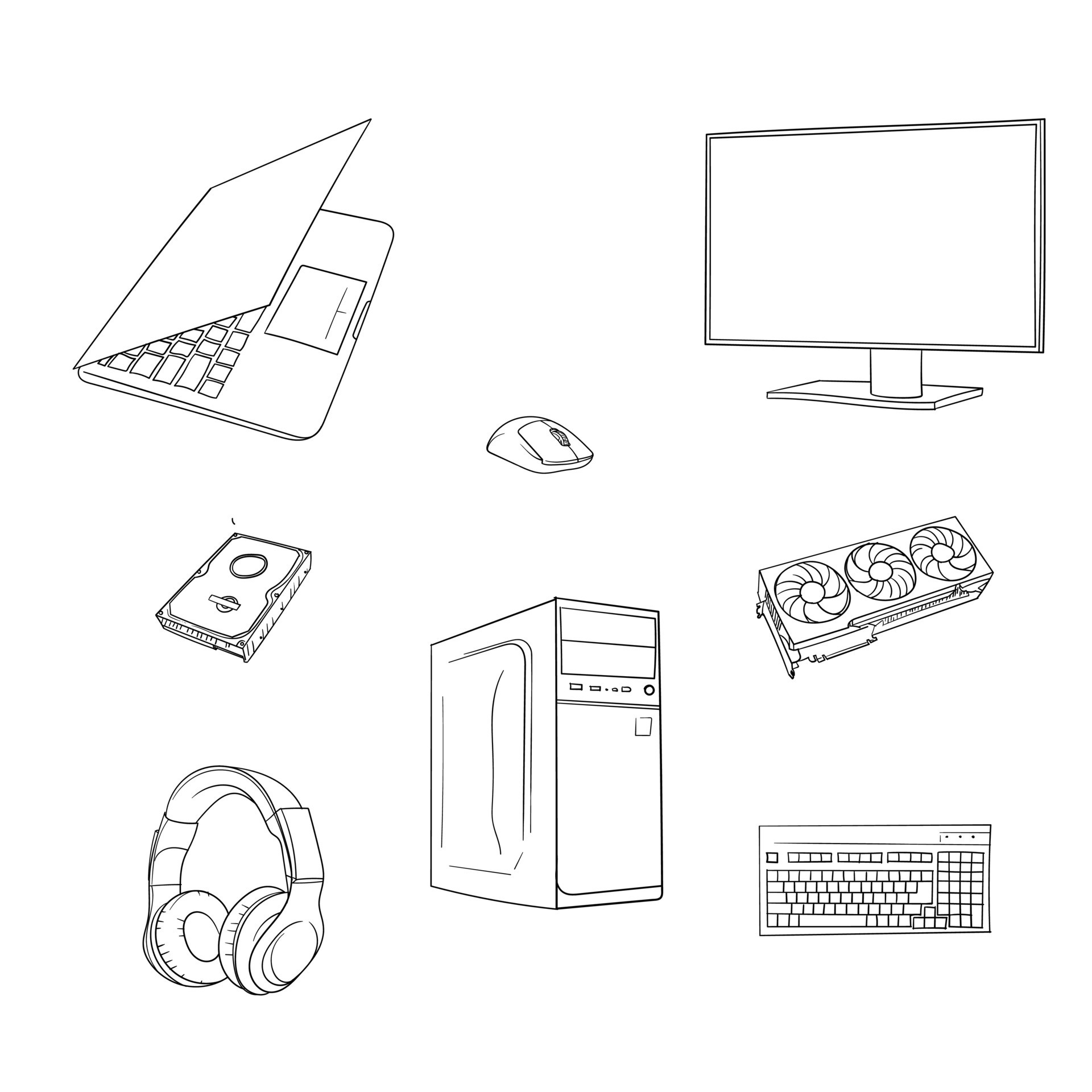 Set of computer part design in hand drawn design for computer day