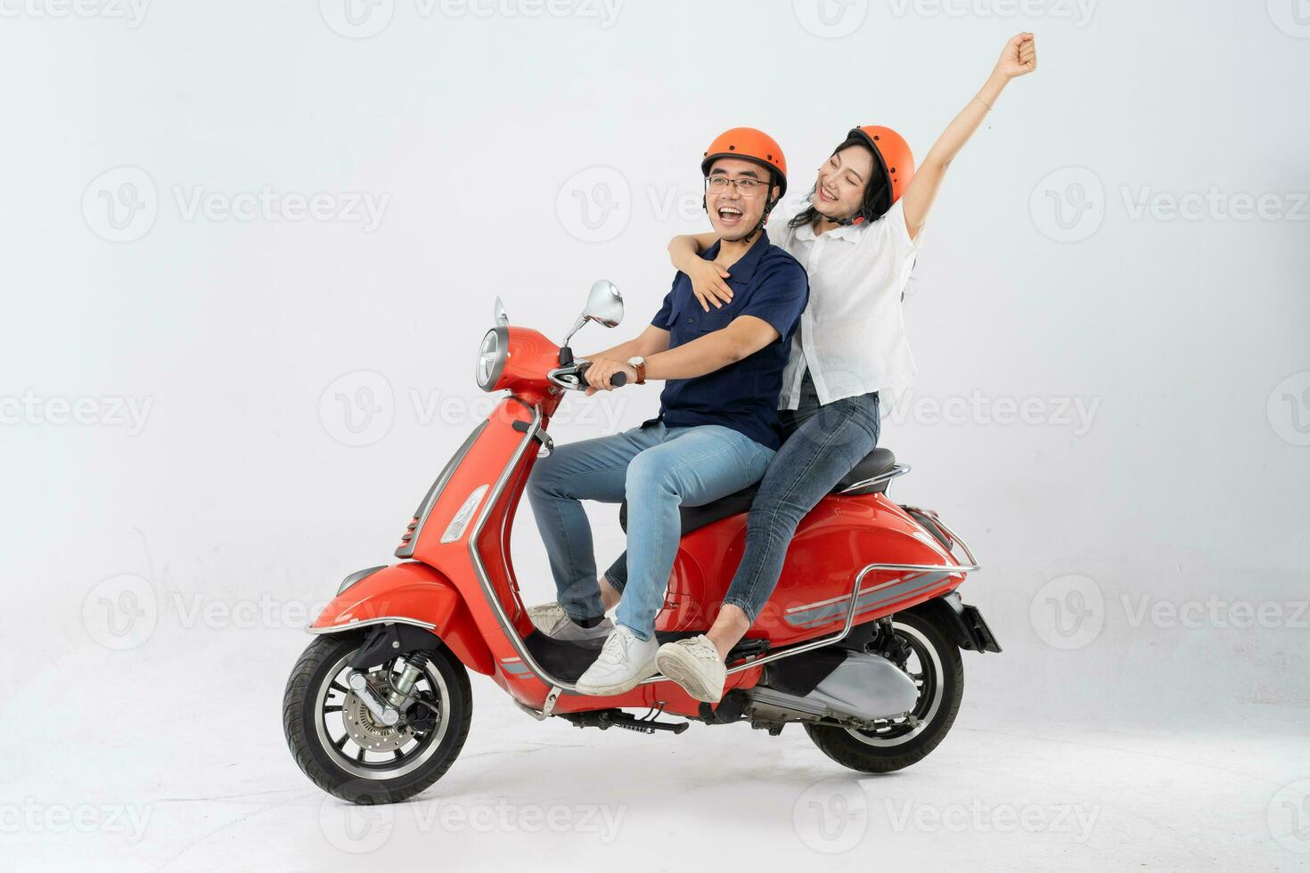 image of asian couple riding scooter on white background photo