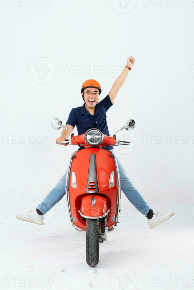 full body photo of a man wearing a hairdresser and driving a motorbike