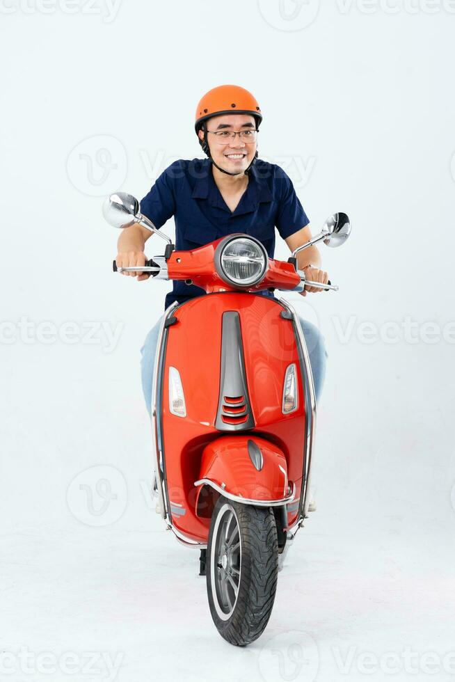 full body photo of a man wearing a hairdresser and driving a motorbike