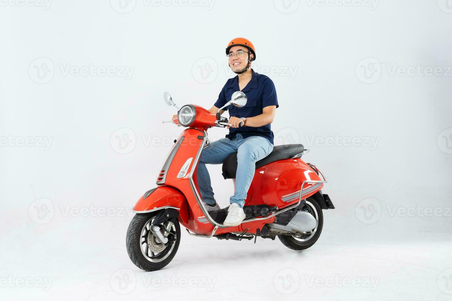 full body photo of a man wearing a hairdresser and driving a motorbike