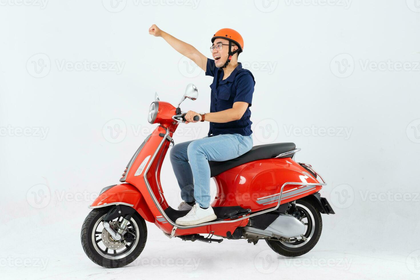 full body photo of a man wearing a hairdresser and driving a motorbike