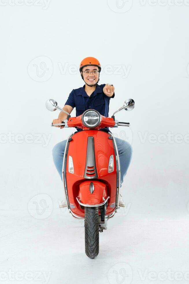 full body photo of a man wearing a hairdresser and driving a motorbike