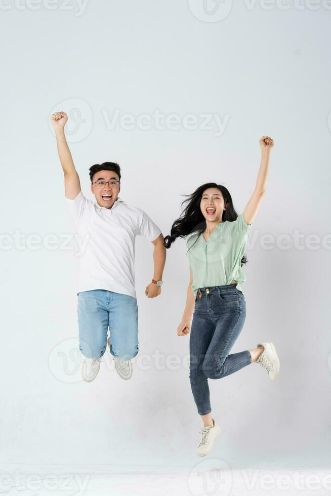 a couple posing on a white background photo